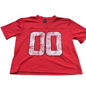 RSQ Red Mesh Jersey Graphic Tee 00 Distressed Print V-Neck Streetwear Large